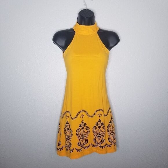 Sundance Yellow Halter Boho Thai Mod Mini Dress Sm - Picture 1 of 5